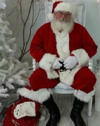 santa claus next to white tree picture